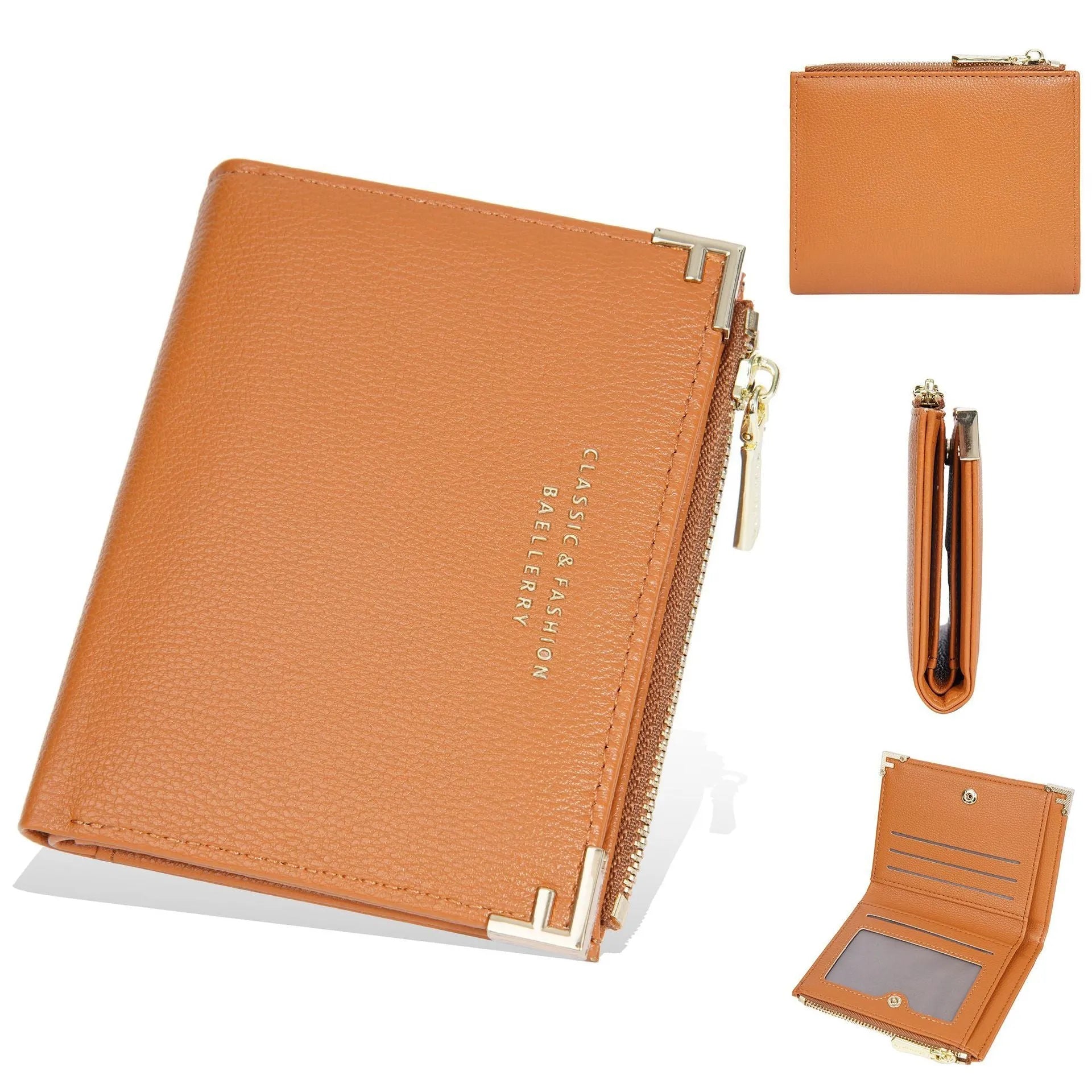 Compact women's wallet showing card slots and zipper coin purse in PU leather