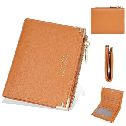 Compact women's wallet showing card slots and zipper coin purse in PU leather
