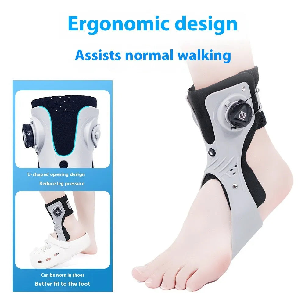 Grey and black ankle support brace with airbag button fixation system shown in multiple sizes