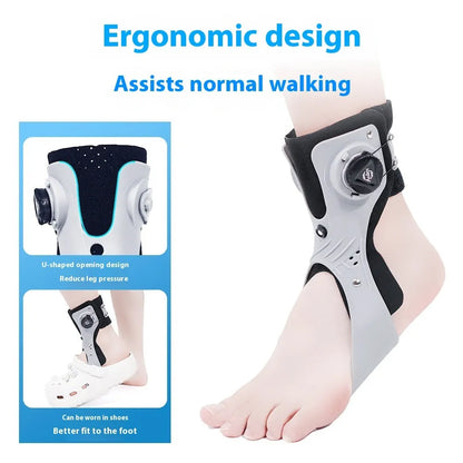Grey and black ankle support brace with airbag button fixation system shown in multiple sizes