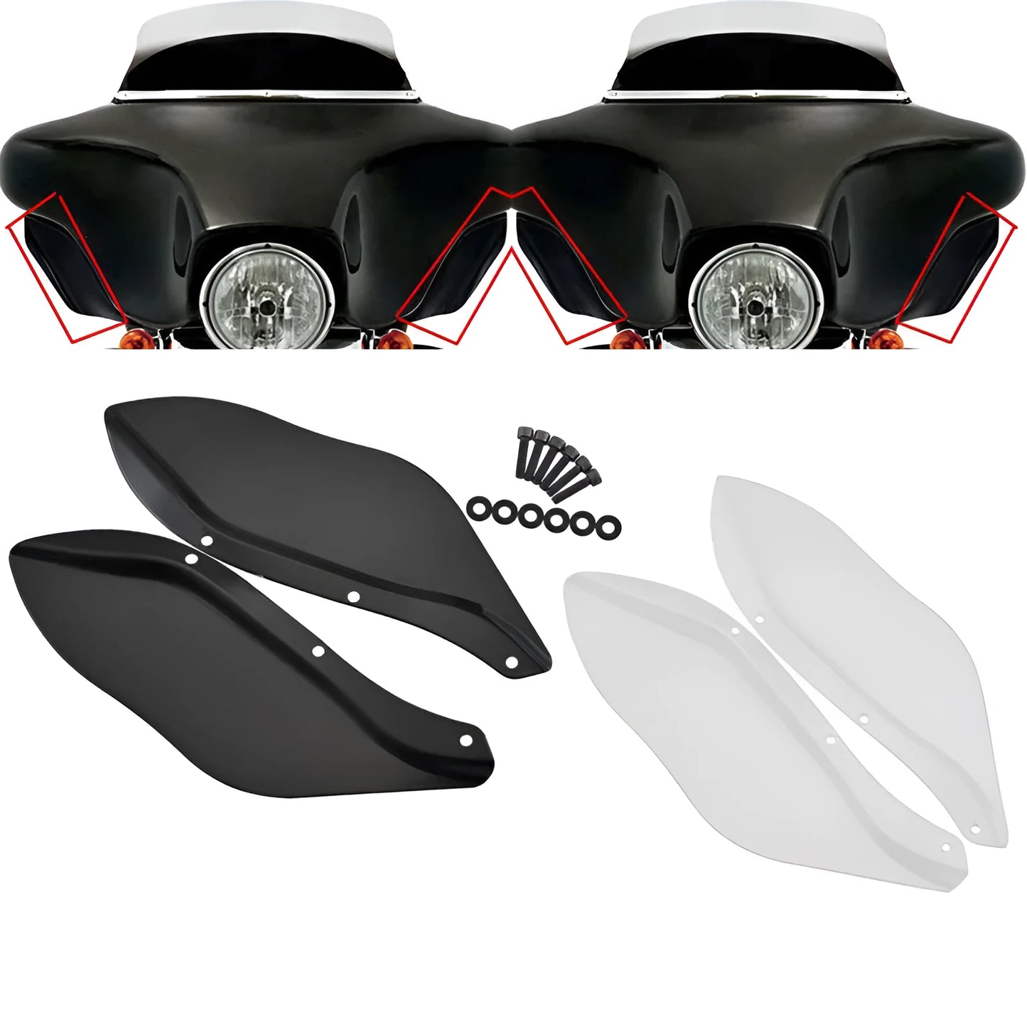 Pair of black ABS plastic side wing head covers for a Harley-Davidson Glide motorcycle.