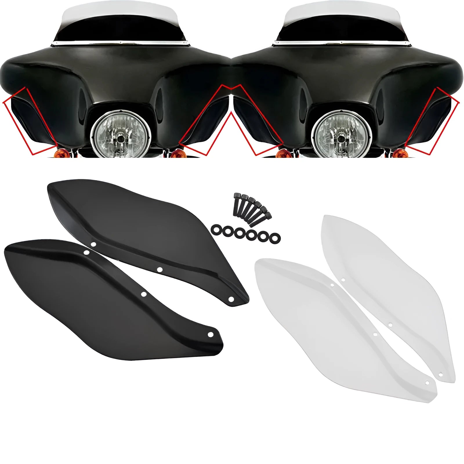 Pair of black ABS plastic side wing head covers for a Harley-Davidson Glide motorcycle.
