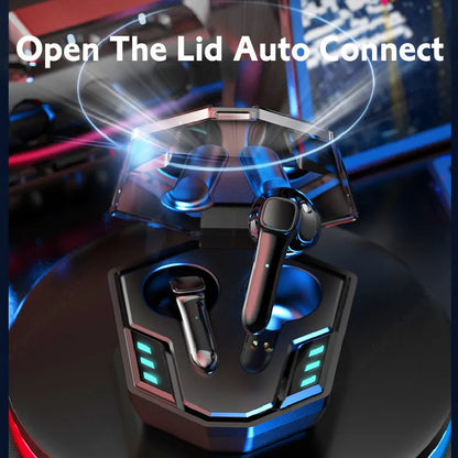 Minimalist wireless Bluetooth gaming headset with low latency and noise reduction features.