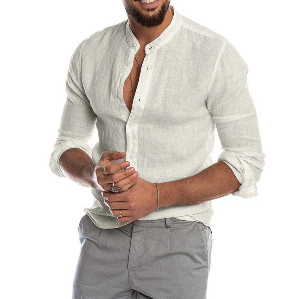 Stylish men's linen button-down shirt in a variety of classic colors