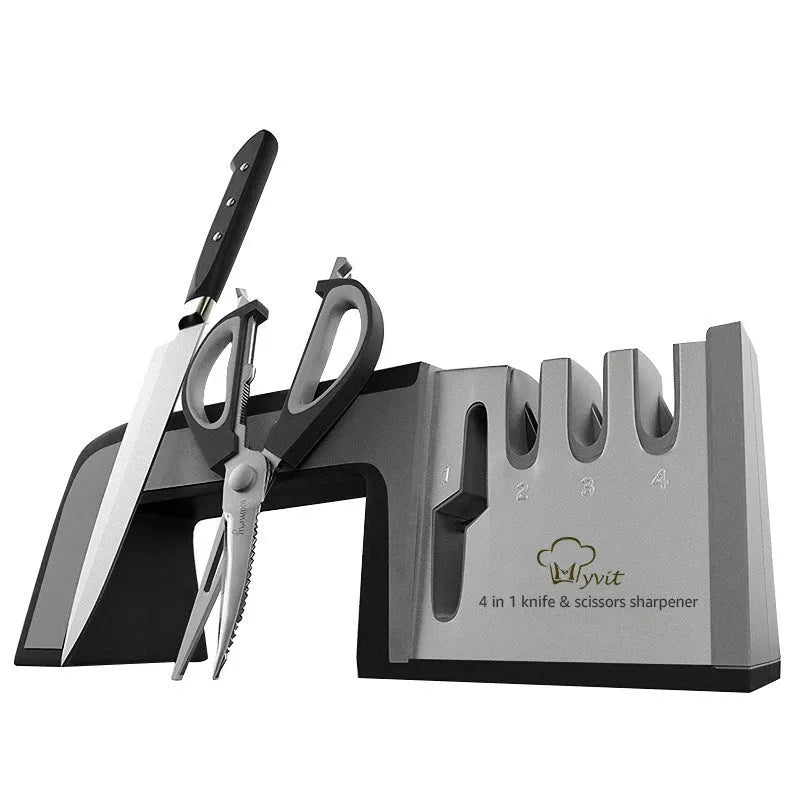 Four-in-one kitchen knife sharpener with 304 stainless steel body and ABS/TPR handle in black colour