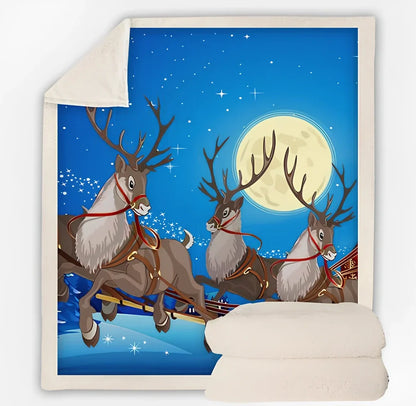 Christmas pattern coral fleece blanket on sofa showing HD printing detail and modern minimalist design