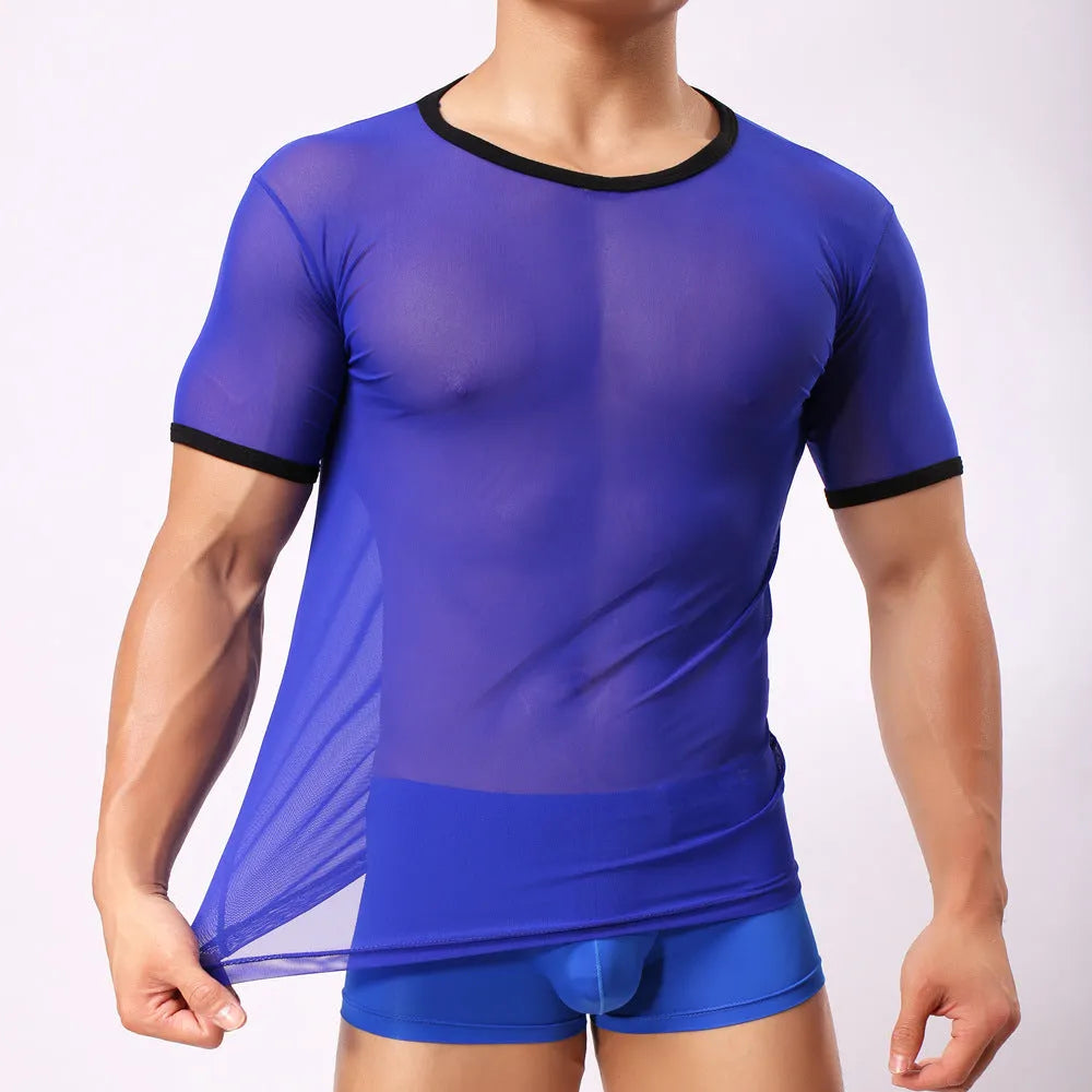 Men's slim fit transparent mesh t-shirt in solid colours on a model.