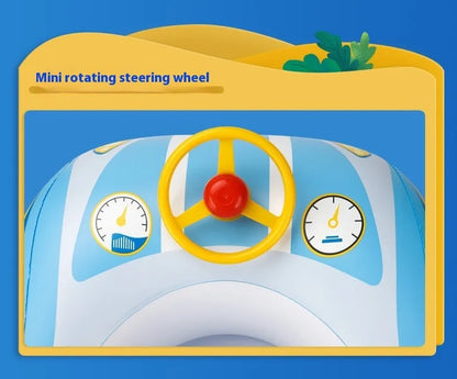 Pink inflatable swimming ring for children with a cartoon car steering wheel design.