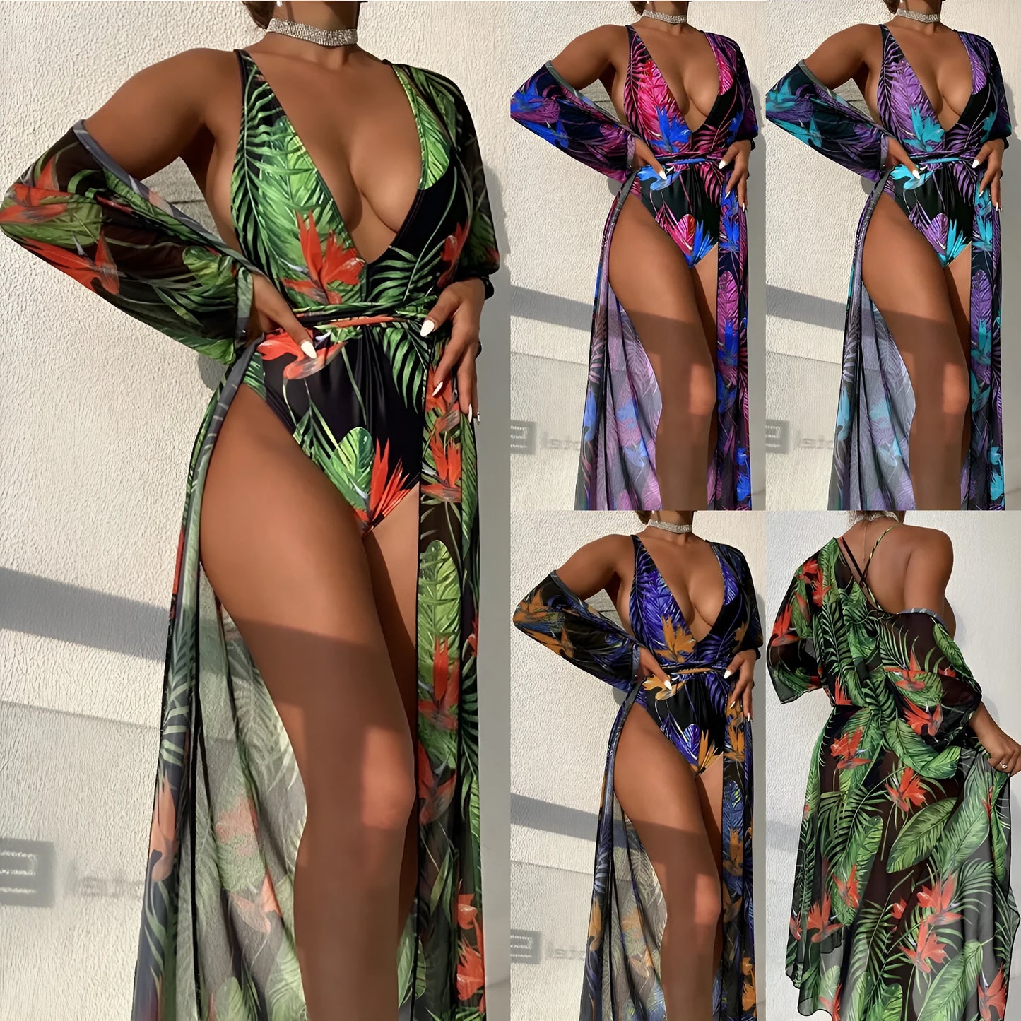 Women's three-piece polyester swimsuit set with one-piece swimsuit and matching cover-up in a pattern design.