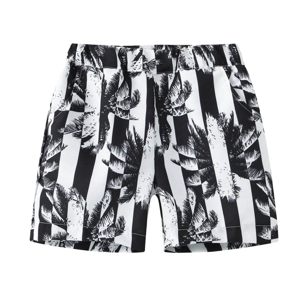Multi-colour printed beach shorts with hairband belt on a mid-waist, shown in a casual summer style.