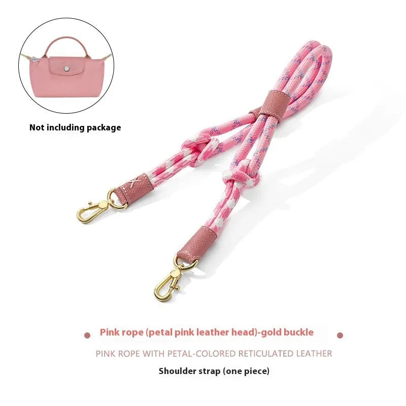 Braided rope and leather shoulder strap with a metal buckle in gold or silver finish