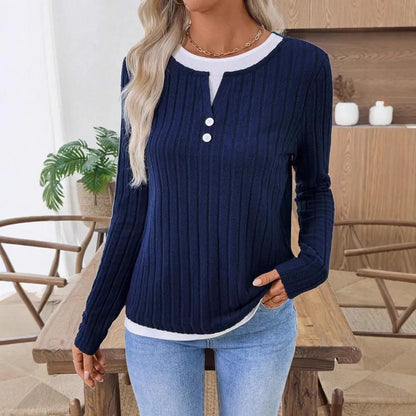 Women's black fake two-piece pullover sweater with concave stripe texture and round neck.