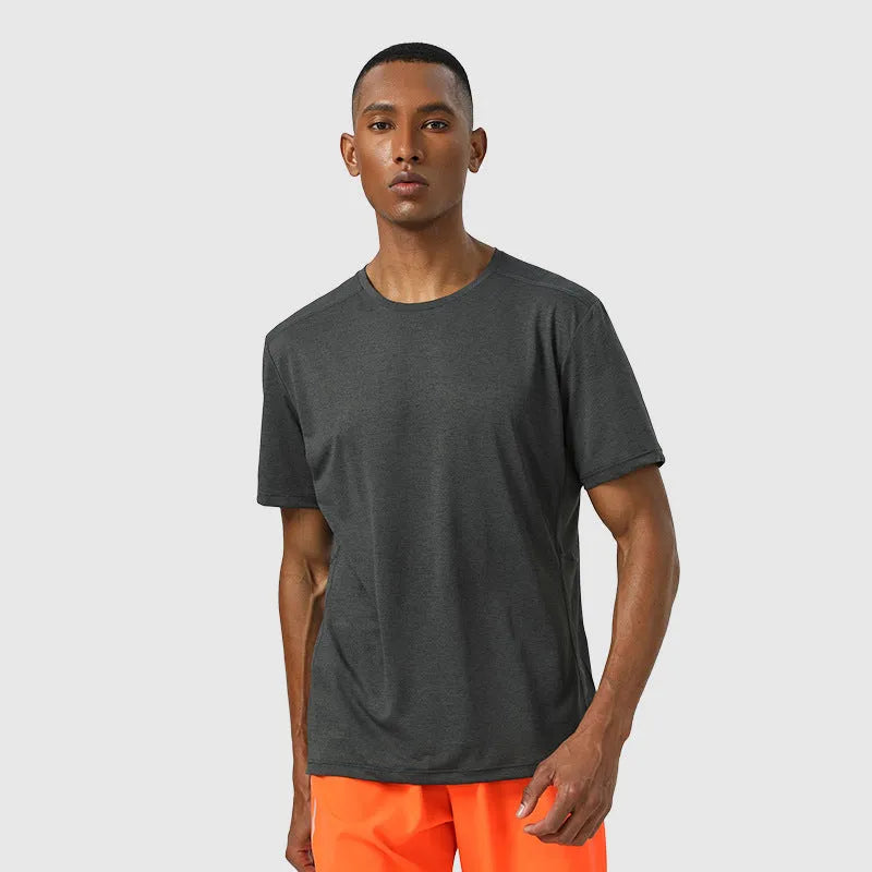 Men's lightweight polyester short sleeve shirt in dark grey with reflective elements for summer sports