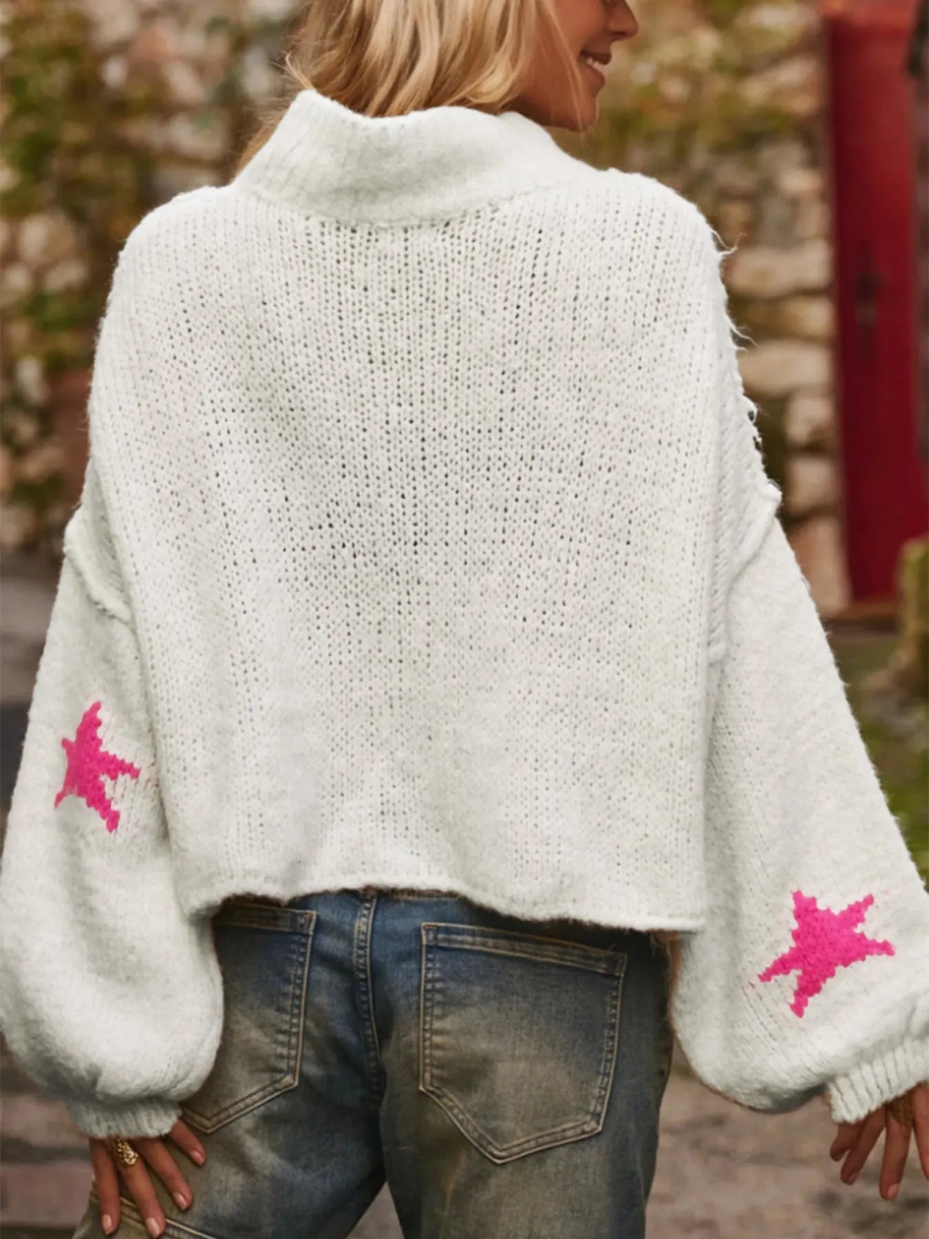 White women's loose turtleneck sweater with five-pointed star pattern and imitation velvet fabric