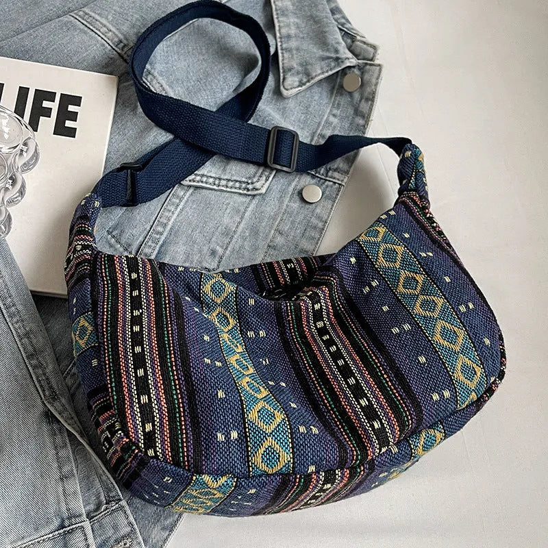 Women's ethnic style canvas crossbody dumpling bag in multiple colours with decorative sewing thread details
