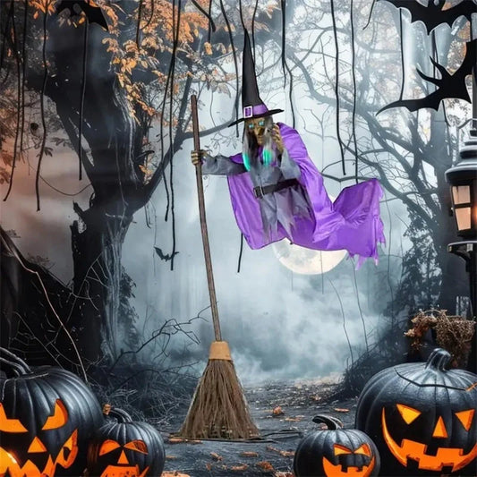 Floating witch Halloween decoration with broom, lifelike scary face, and purple hovering skirt