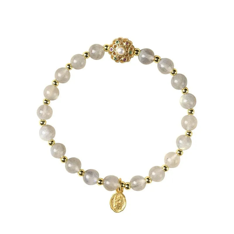 Hand-woven gray moonstone fairy lucky bracelet with sunstone and strawberry quartz peach blossom crystals