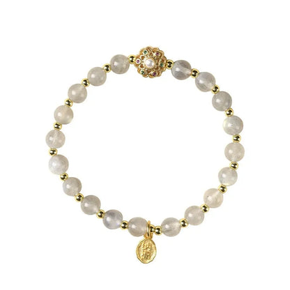 Hand-woven gray moonstone fairy lucky bracelet with sunstone and strawberry quartz peach blossom crystals