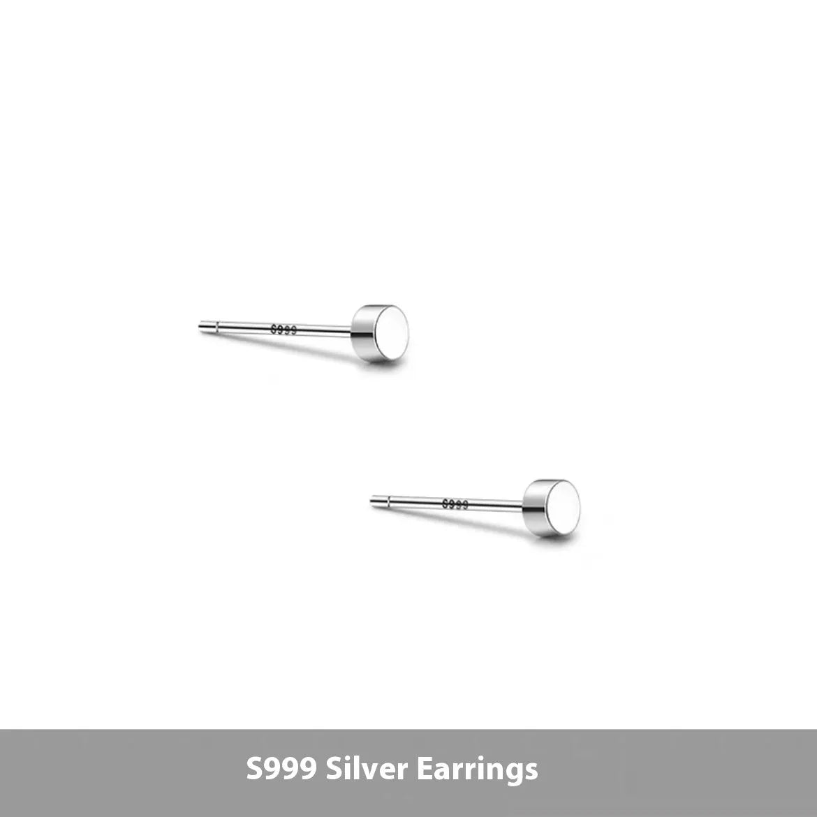 S999 sterling silver round flat bone stud earrings in silver or black, showing size range from 3mm to 8mm.