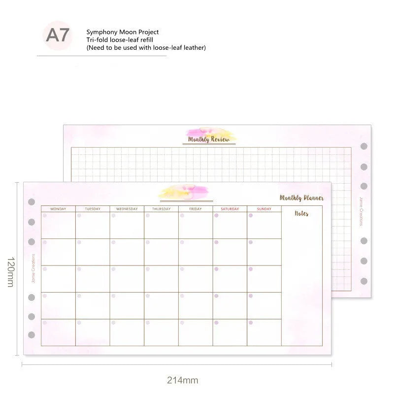 A7, A5, and A6 handbook loose-leaf refill pack showing floral and symphony tri-fold design options.