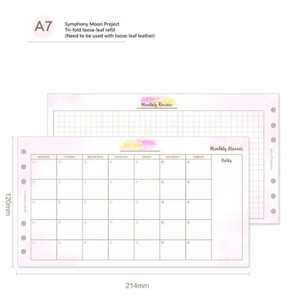 A7, A5, and A6 handbook loose-leaf refill pack showing floral and symphony tri-fold design options.