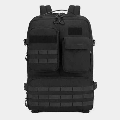 Army green tactical backpack with 17-inch frame and multiple compartments for outdoor use.