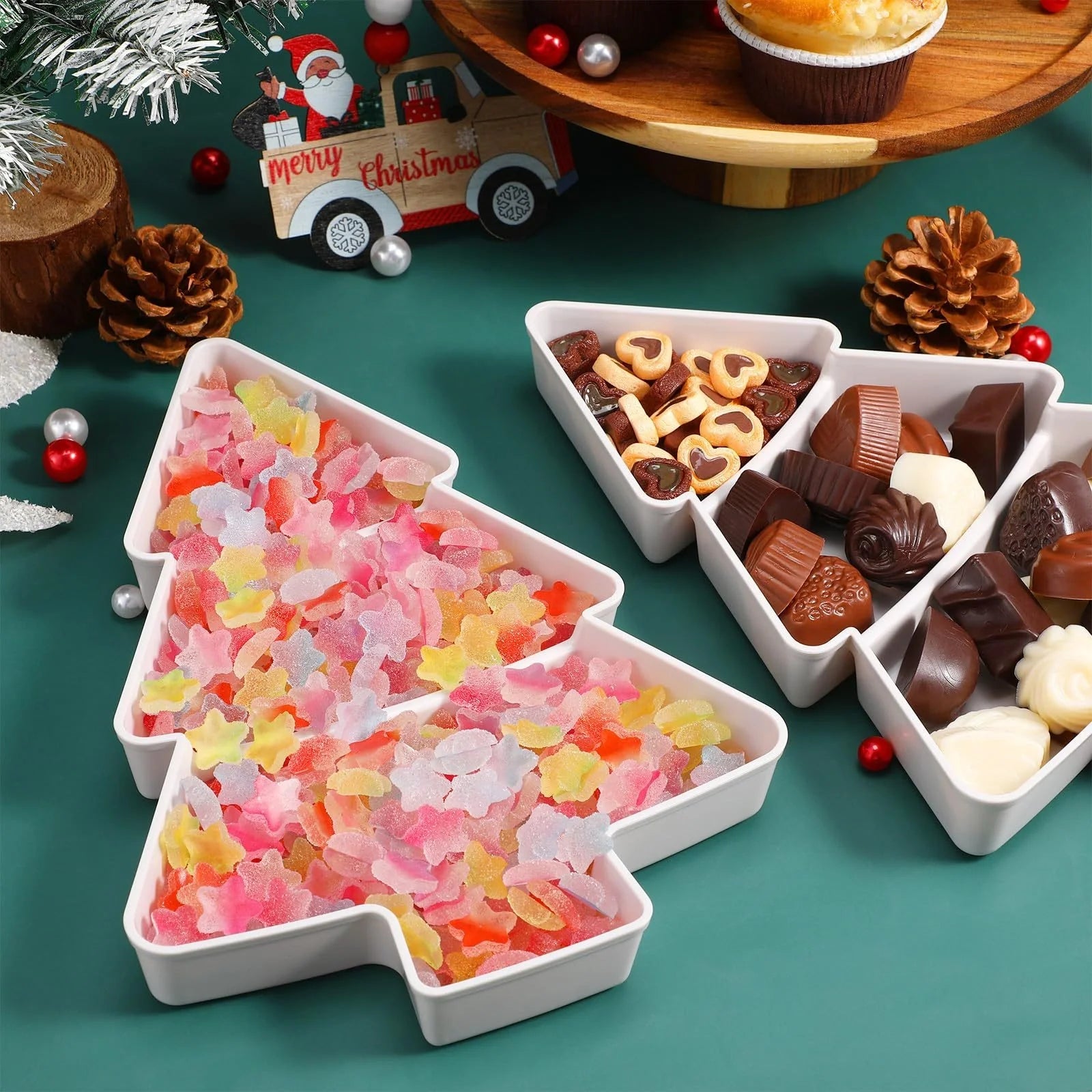 Christmas tree shaped plastic platter with divided sections for snacks and desserts