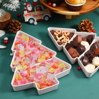 Christmas tree shaped plastic platter with divided sections for snacks and desserts