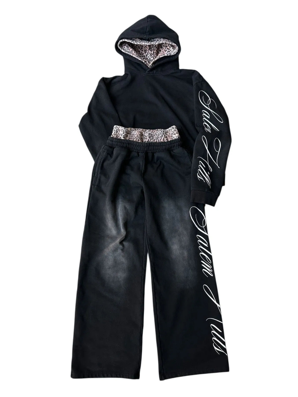 Men's loose fit punk print long sleeve hoodie suit with trousers, fleece-lined.