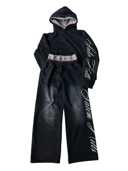 Men's loose fit punk print long sleeve hoodie suit with trousers, fleece-lined.