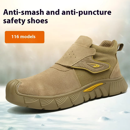 Brown leather labour protection safety shoe with rubber sole, shown on a white background.