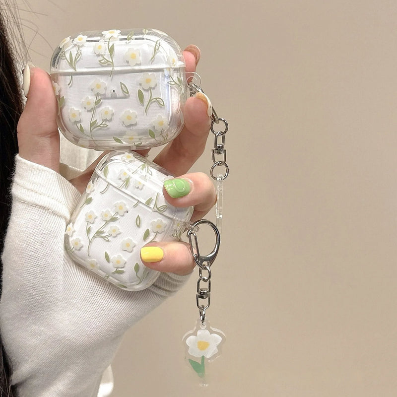 Bluetooth headset protective cover in white floral print and high-transparent TPU shell designed for Apple AirPods with soft-touch finish and injection moulding process, compatible with AirPods 3, 4, Pro, and Pro 2 models for universal style fit