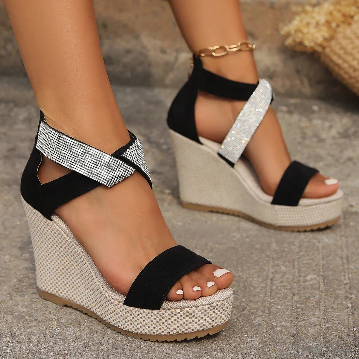 Stylish rhinestone wedge sandals for women with a unique fish-mouth design, sparkling accents, and a comfortable platform sole