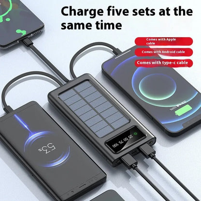 Black solar power bank with built-in charging cable showing solar panel and 20000mAh capacity label