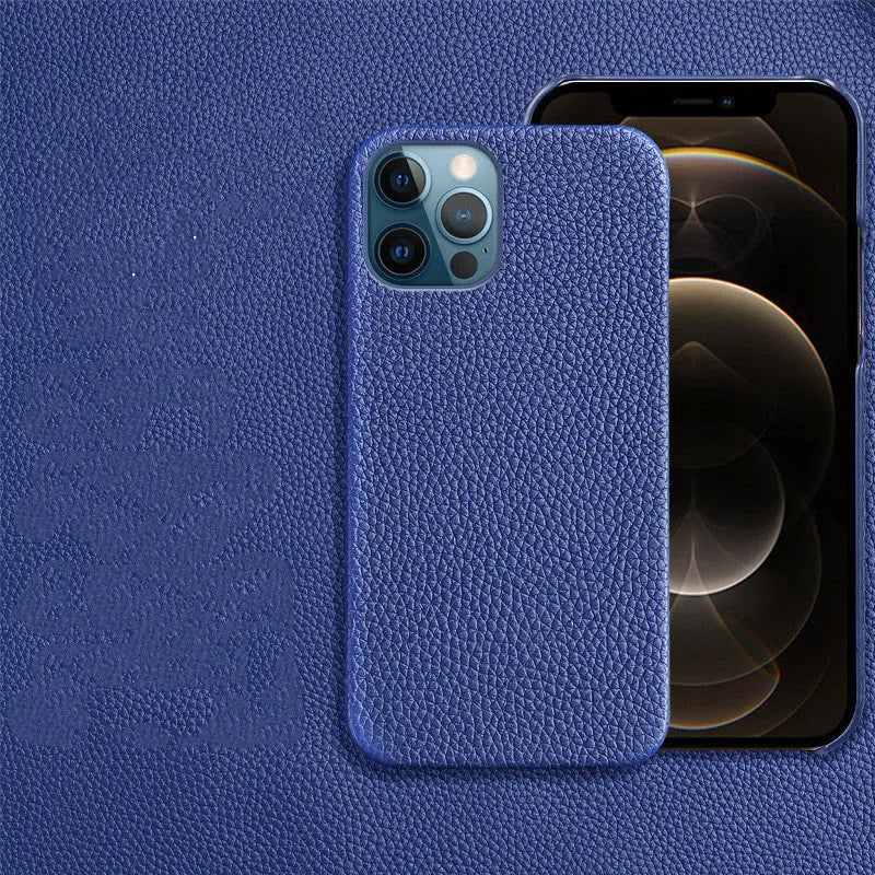 Genuine leather half-wrap iPhone protective case in beige, black, brown, orange, or pink colour.