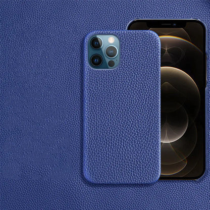 Genuine leather half-wrap iPhone protective case in beige, black, brown, orange, or pink colour.