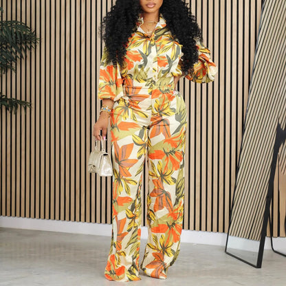 Red printed long sleeve shirt and wide leg pants suit set in polyester fabric