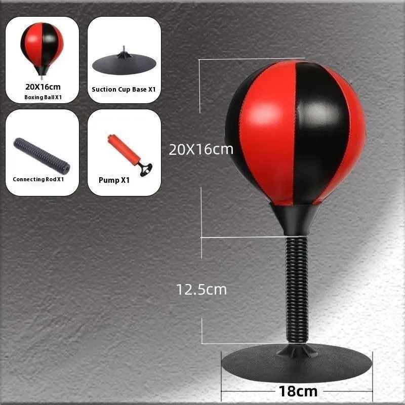 Tabletop boxing speed ball with suction cup base on a desk, showing burst bear design and flexible connection tube