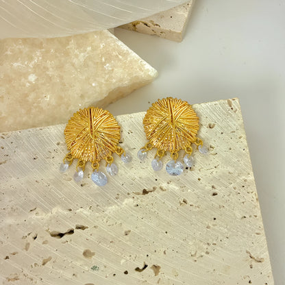 Gold geometric circle drop earrings with electroplated metal construction