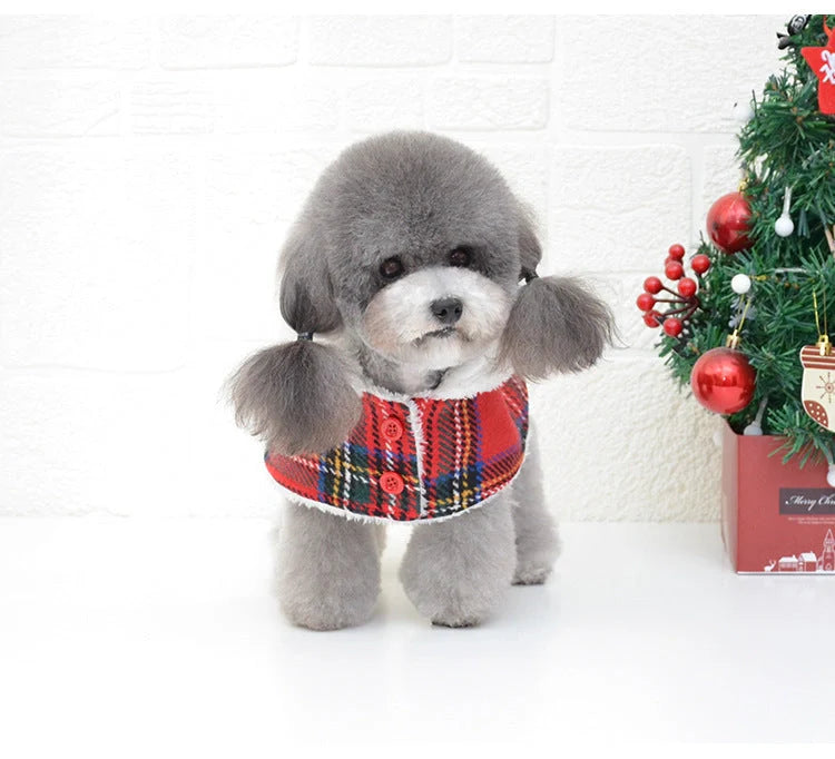 Christmas red check knitted turtleneck dog sweater with suede lining