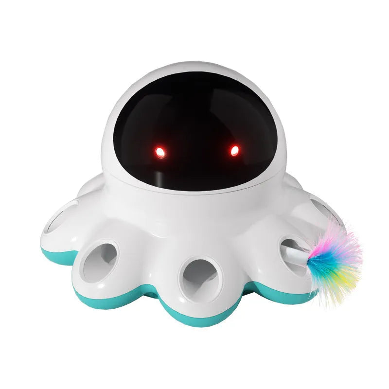 Automatic electric cat teaser toy with colourful feather attachment on a plastic base