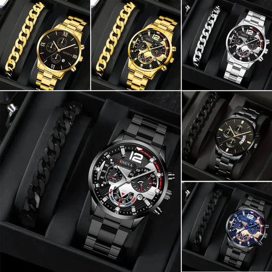 Stylish steel bracelet watch set with various color options for fashion-forward men
