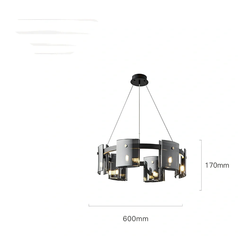Glass fish-shaped chandelier with 6 LED lights, 600mm diameter, smoke grey finish