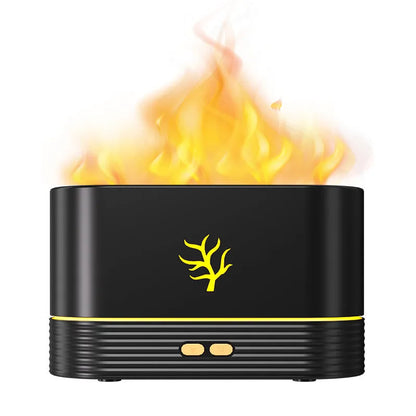 Black ultrasonic flame aroma diffuser humidifier with LED lights on a wooden table