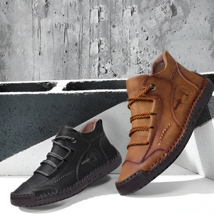 Men's brown leather mid-top boots with front lace-up and rubber sole