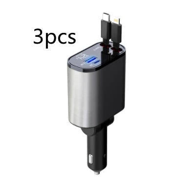 High-Speed 100W Car Charger with USB and Type-C Ports - Premium Metal Design, Fast Charging, Retractable Cable