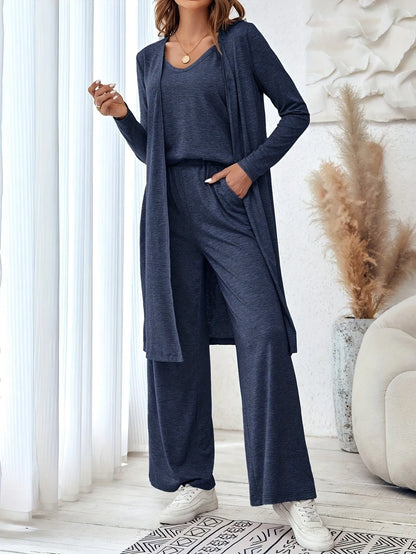 Solid blue three-piece suit with trousers, top, and suspenders in Japanese and Korean casual style
