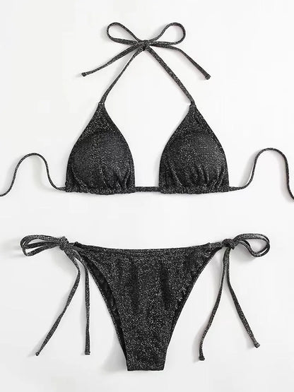 Women's khaki gold bandage bikini with adjustable straps on a beach background