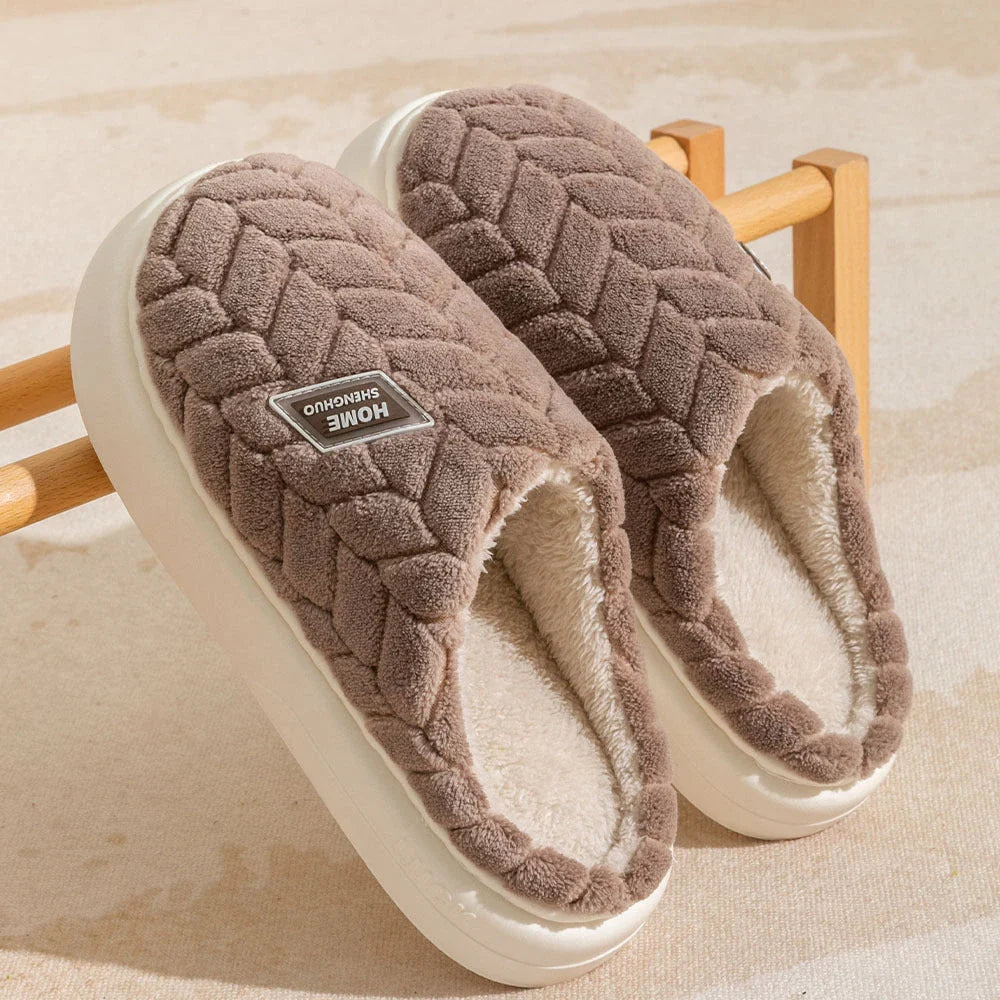 Cosy plush slippers with thick, non-slip soles and fleece lining, available in a variety of stylish colours