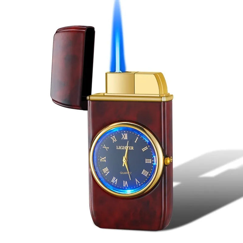 Multifunctional electronic watch lighter in black brushed metal showing watch face and ignition button.